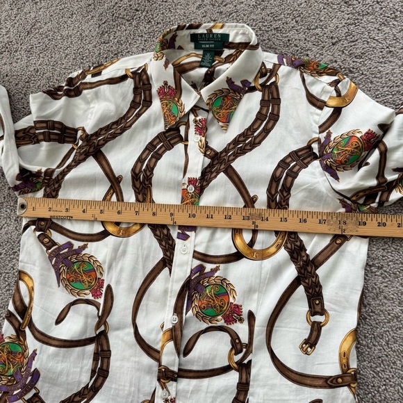 Lauren Ralph Lauren Equestrian Button Up Blouse Horse Bridle Bit Sz 12 Slim Fit - Picture 15 of 16